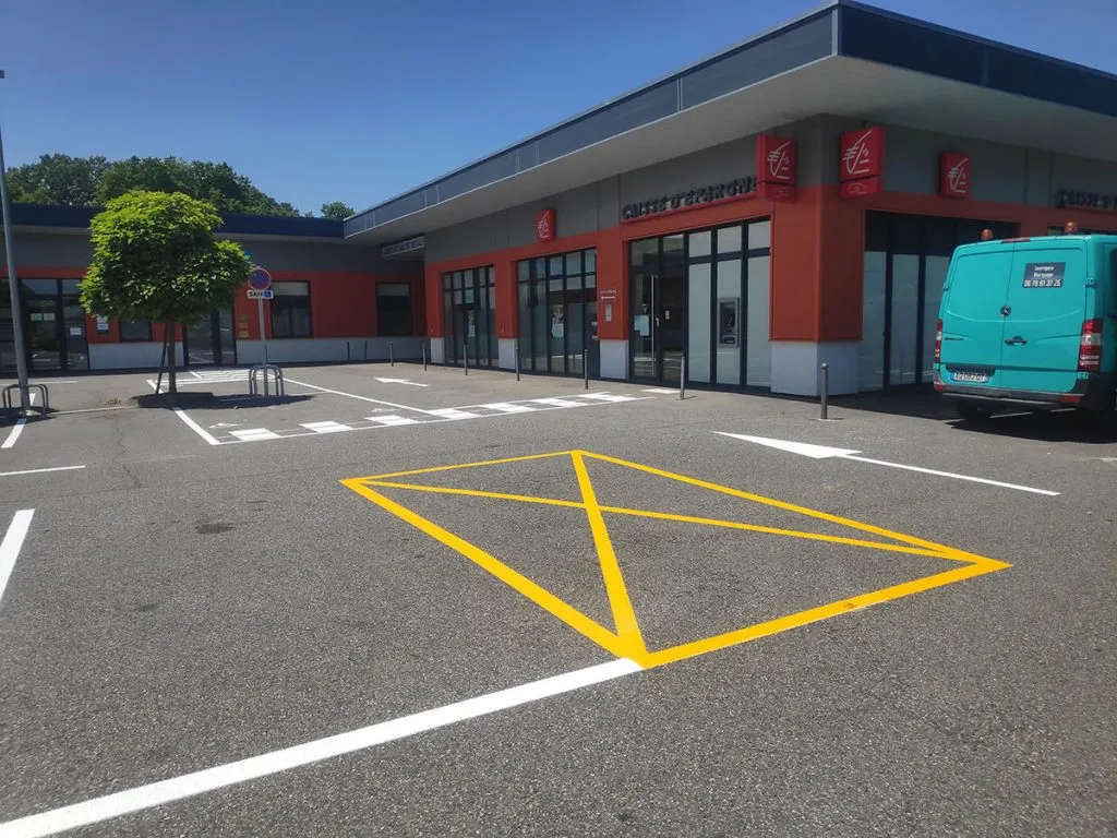 Détail des marquages blancs et jaunes devant l’entrée d’un bâtiment professionnel