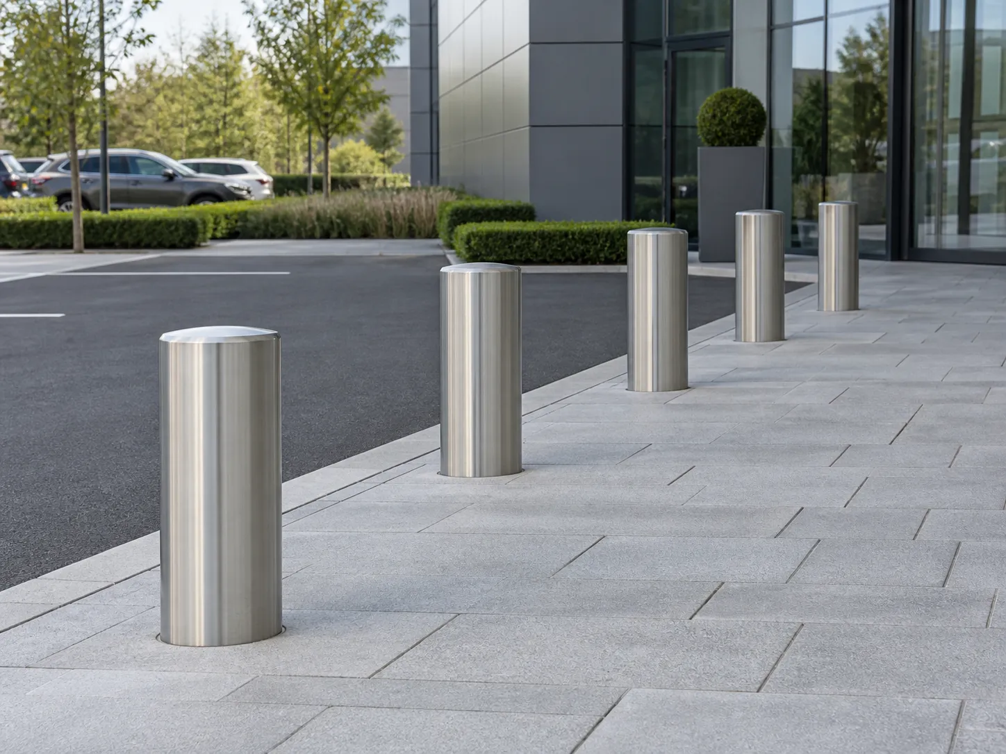 Bornes courtes en acier inoxydable séparant une voie de parking d’un parvis