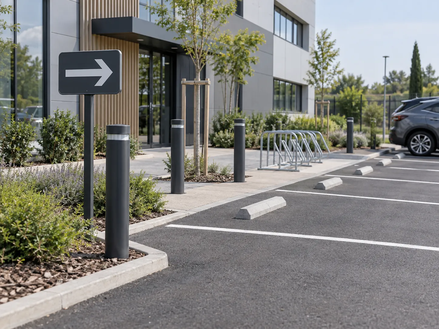 Parking professionnel équipé de potelets, d’un panneau directionnel, d’un rack à vélos et de butées de roues