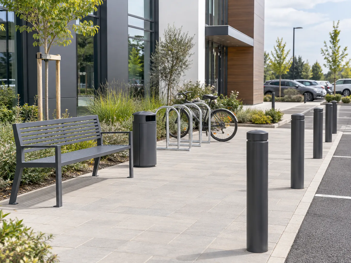 Banc, corbeille, rack à vélos et potelets aménagés devant un bâtiment professionnel